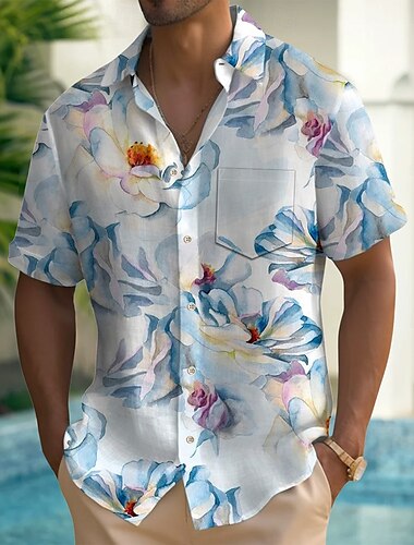  Herren Blumendruck Tropische Blumen Hemd Sommer Hawaiihemd Knopfhemd Kurzarm Hawaiianisch Urlaub Ferien Strandbekleidung Sommer Frühling Umlegekragen 3D-Druck Hemden mit Kragen Eine Tasche vorne