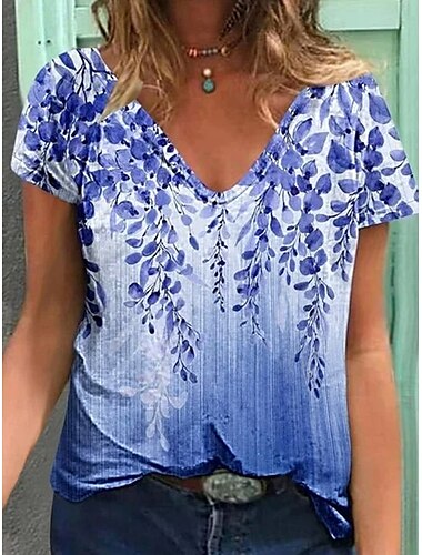  Per donna Maglietta Ombre Floreale Grafico Moda Hawaiano Casual Manica Corta Scollo a V Top Regolari Quotidiano Uscire Weekend Stampato Blu Viola Arancione Estate Primavera