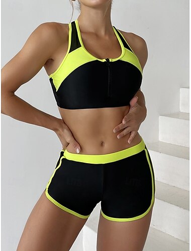  Costume de baie femei Tankini 2 piese Costume de baie cu pantaloni scurți Fără spate Controlul burticii Tăietură înaltă Vacanță Îmbrăcăminte de plajă Culoare bloc Guler în U Fără mâneci