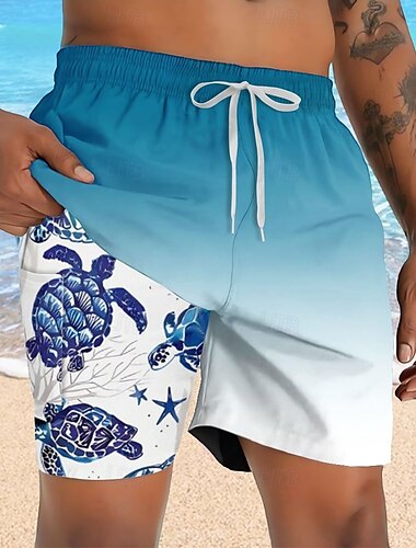  Herren Farbverlauf Schildkröten Gefütterte Shorts 2 in 1 Badeshorts Badeshorts Mittlere Taille Hawaiianisch Urlaub Strandbekleidung Seitentaschen Mit Kompressionsfutter Elastischer Kordelzug in der