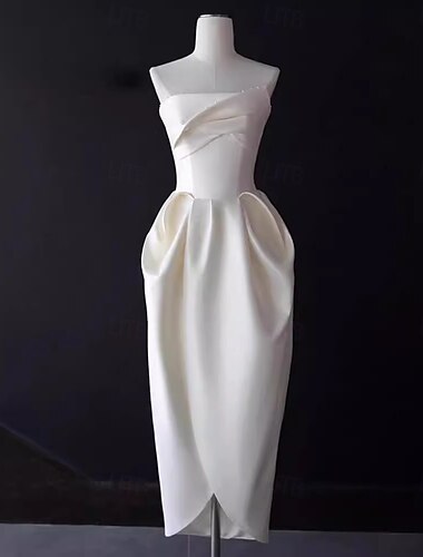  Καθημερινά Φορέματα Γάμου Bridal Shower Μικρό Λευκό Φόρεμα Χωρίς Στραπ Μήκους Midi Σατέν Γάμου με Πτυχώσεις και Ρυθμισμένα Λεπτομέρειες