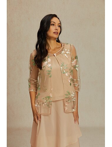  Damen Chiffon Tops Blumen Elegant Stilvoll Basic Dreiviertelarm Rundhalsausschnitt Normale Oberteile Spitze Bestickt Aprikose Sommer