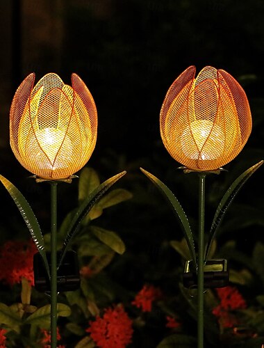  2 Stück Solar-Eisen-Hohlblütenblätter für den Außenbereich, Tulpenboden-Einlegeleuchten, Hofgartenweg, Rasen, Gehweg, dekorative Lichter, Landschaftslichter