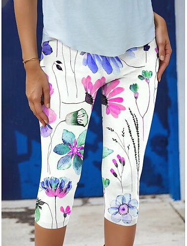  Damen Leggings Capri-Hosen Hohe Elastizität Urlaub Vintage Mode Wadenlänge Hohe Taille Florales Grafikdruck Thermisch Warm Atmungsaktiv Weich Dehnbar Outdoor Alltag Rosa Blau Grün Sommer