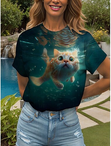  Dame T-shirt Grafisk Dyr Kat Årgang Stilfuld Klassisk Kortærmet Rund hals Almindelige toppe Daglig Weekend Trykt mønster Grøn Sommer Forår