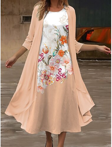  Damen Midikleid Sommerkleid Lässig Halbformelle Kleider Täglich Ferien Date Normale Passform Blumen Grafik Dreiviertelarm Rundhalsausschnitt Rosa Blau Orange Sommer Frühling