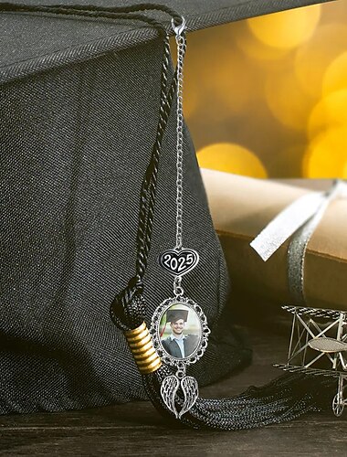  Gepersonaliseerde afstudeerkwast fotobedel, op maat gemaakt gedenkwaardig beste afstudeercadeau, bedel met engelenvleugels, uniek aandenken voor vrienden of uzelf, perfect voor afstuderen, verjaardag,