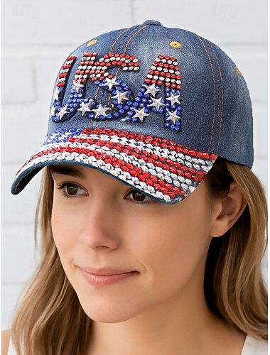  Casquette de baseball en jean avec strass américains – Chapeau patriotique scintillant avec drapeau américain pour femmes et hommes, accessoire de tenue réglable pour le jour de l'indépendance du 4 juillet