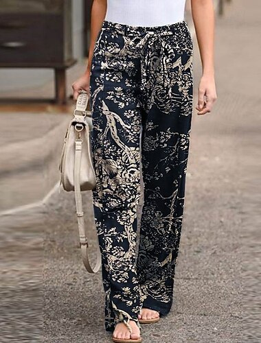  Damen Hose aus Baumwollleinen Stoffhosen Mode Streetwear Volle Länge Natürliche Taille Blume Drucken Bequem Außenbereich Alltagskleidung Wochenende Dunkelrot Gelbbraun Gold-Honig Marineblau Sommer