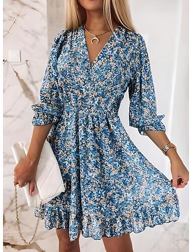 Damen Minikleid Casual kleid Blumenkleid Boho-Kleid Stilvoll Klassisch Modern Urlaub Täglich Verabredung Regular Fit Blumen Bedruckt Halbe Ärmel V Ausschnitt Rosa Blau Grün Sommer Frühling