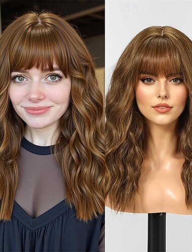  peruca longa com franja sintética ondulada perucas para mulheres loiro claro com mechas coloridas