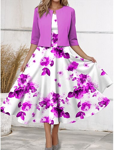  Damen Kleider Set Midi Kleid A-Linie Kleid Sommerkleid Lässig Blumenmuster Halbarm Rundhalsausschnitt Urlaub Date Pink Blau Lila Sommer Frühling Reguläre Passform