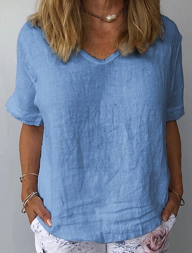  Dames Overhemd Linnen overhemd Katoenen linnen overhemden Effen Dagelijks Stijlvol Basic Korte mouw V-hals Normale tops Werk Dagelijks Feestdagen Wit blauw Grijs Zomer
