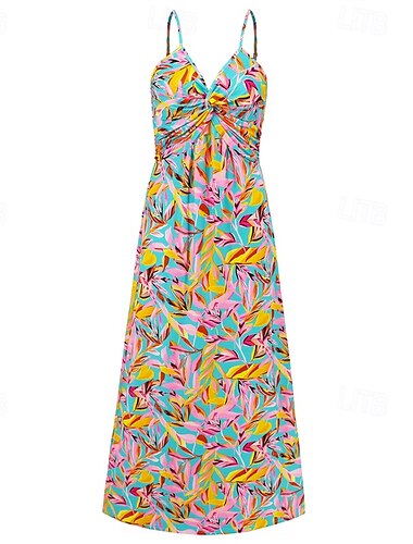  Damskie Sukienka midi Letnie sukienki Sukienka na ramiączkach Sukienka Boho Moda Nowoczesny Codzienny Plaża Weekend Regularny Kwiaty Bez rękawów W serek Jasnożółty Żółty Niebieski Fioletowy Lato