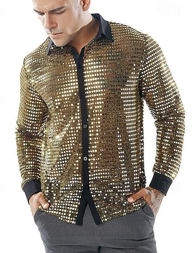 Voor heren Overhemd Galashirt Discoshirt Zilver Zwart Goud Lange mouw Lovertje Kraag Prestatie Feestavondkleding Pailletten Kleding Modieus Casual