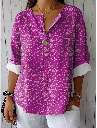  Damen Hemd Blumen Grafik Vintage Tropisch Hawaiianisch Langarm V Ausschnitt Normale Oberteile Täglich Ferien Strandbekleidung Druck Rote Blau Purpur Grün Sommer Frühling