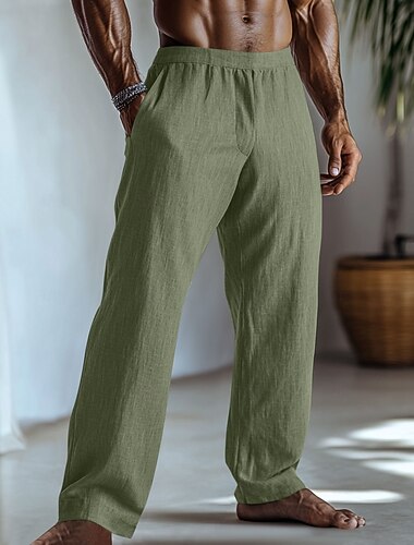 Herr Linne Byxor Långbyxor Sommarbyxor Säckiga byxor Elastisk midja Rakt ben Slät Komfort Andningsfunktion Fullängd Dagligen Hem Yoga Mode Klassisk Stil Ljusgrön