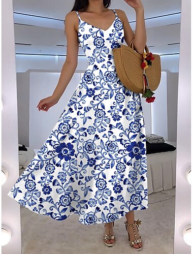  Dámské Maxi šaty Áčkové šaty Slip Dress prázdniny Na běžné nošení Cikánský Párty Jdeme ven Standardní uložení Květinový Grafika Bez rukávů Do V Bílá Světlá růžová Vodní modrá Trávová zelená Léto Jaro