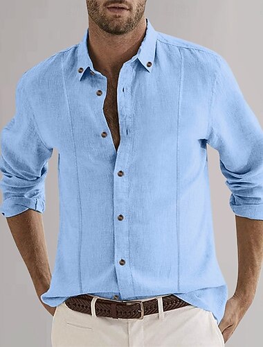  Herren Baumwoll-Leinen-Hemd Einfach Urlaub Alltagstauglich Schwarz Weiß Himmelblau Khaki Langarm Revers Bekleidung Button-Down
