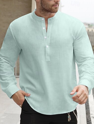  Herren Hemd Leinenhemd Popover-Hemd Freizeithemd Baumwollhemd Einfach Urlaub Hawaiianisch Schwarz Weiß Gelb Hellgrün Langarm Stehkragen Frühling Herbst Bekleidung Button-Down