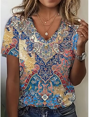 Damen T Shirt Sommeroberteile Grafik Geometrisch Klassisch Lässig Kurzarm V Ausschnitt Crop Tops Täglich Wochenende Druck Regenbogen Sommer Frühling Herbst