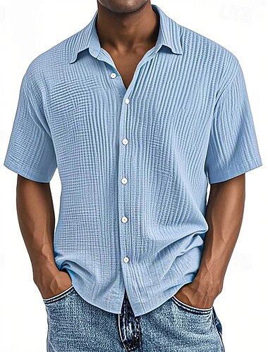  Voor heren Overhemd Zomer overhemd Normaal shirt Strand hemd Overhemd met knopen Zwart Wit Wijn Marineblauw Bruin Korte mouw Effen Revers Vakantie Hawaii Plooien Kleding 100% katoen Modieus Casual