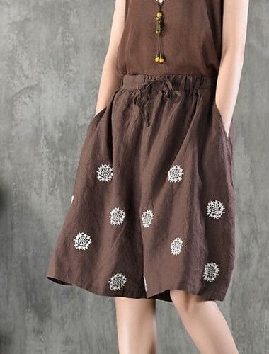  女性用 リネン風ショートパンツ ショーツ スラックス ファッション ストリートファッション 膝丈 ナチュラルウエスト フラワー ポケット プリント 弾性巾着デザイン 快適 アウトドア バケーション デイリーウェア 赤紫色 アプリコット ブラック ダックグレー 夏 レギュラー