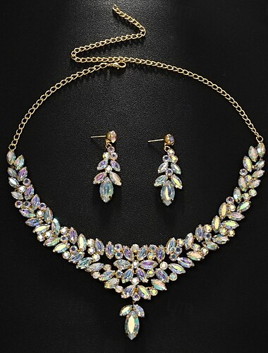  Conjuntos de joias de noiva 2 Zircão Zircão Strass 1 Colar Brincos Mulheres Elegante Vintage Luxo Fofo Contas Formato de Folha Abençoado Irregular Conjunto de jóias Para Casamento Aniversário Festa