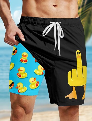  Herren Tiermotiv Lustig Ente Gefütterte Shorts 2 in 1 Badeshorts Badeshorts Mittlere Taille Hawaiianisch Urlaub Ferien Strandbekleidung Seitentaschen Mit Kompressionsfutter Elastischer Kordelzug in