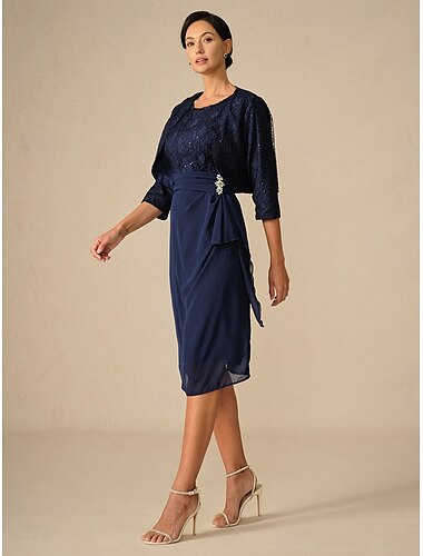  dames bruiloftsgast cocktailjurk set chiffon kant patchwork elegante lente herfst midi jurk ronde hals 3/4 lengte mouw marineblauw
