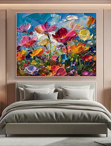  Colorido arte floral en lienzo hecho a mano, vibrante pintura al óleo de flores sobre lienzo, pintura acrílica texturizada pintada a mano, impasto, alegre arte floral, pintura al óleo para sala de