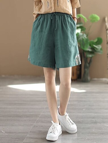  Women's Linen-Inspired Shorts Shorts Slacks Streetwear Casual Short Natural Plain Embroidered Pocket Elastic Drawstring Design Comfy Outdoor Comfortable Street Going out Gray Green Apricot Black Blue
