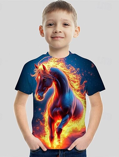 Jungen 3D Pferd T-Shirt Kurzarm Sommer Frühling Mode Basic Kinder 4-12 Jahre Rundhalsausschnitt Outdoor Lässig Täglich Normale Passform
