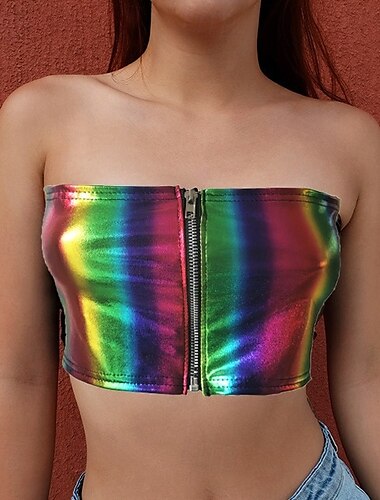  Rétro Vintage Années 1980 Haut tube Disco Latex brillant verni Métallique Arc-en-ciel Femmes Halloween Carnaval Défilé de la Fierté Mois des Fiertés Adultes Corset Été