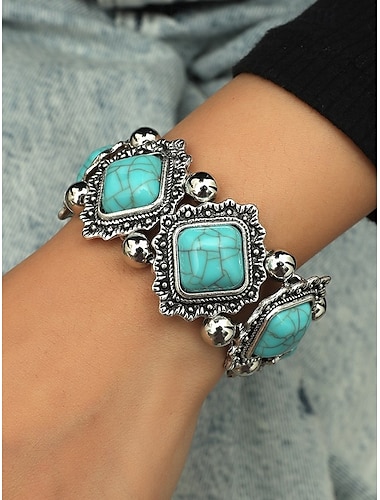  Pulsera vintage bohemia de turquesa para mujer: brazalete de cuentas elásticas de estilo retro para uso casual, festivales y regalos.