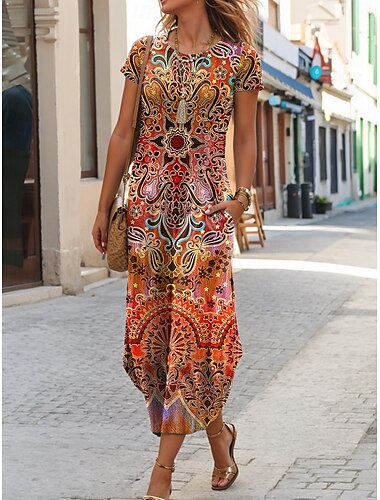  Damen Midikleid Etui-Kleid T-Shirt-Kleid Sommerkleid Urlaub Lässig Boho Täglich Normale Passform Grafik Paisley-Muster Stammes Kurzarm Rundhalsausschnitt Schwarz Blau Purpur Orange Sommer
