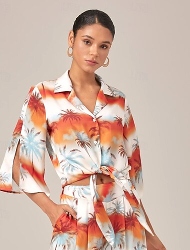  Dámské Žena Košile s knoflíkem Košile pro volný čas Strom Ležérní Rozdělené rukávy Oranžová Výstřih do V Vázáno Knoflíky Polodlouhé rukávy Elegantní prázdniny Košilový límec Léto