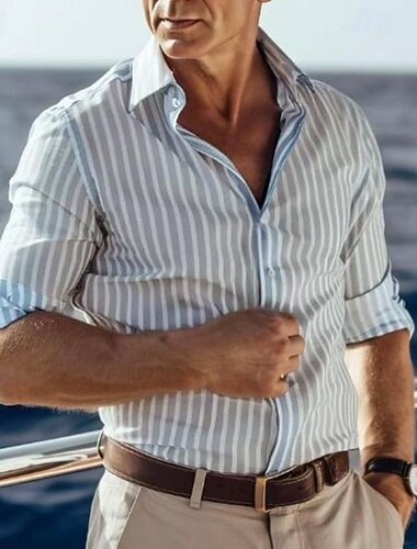 Ανδρικά Πουκάμισο Καλοκαιρινό πουκάμισο Casual πουκάμισο Πουκάμισο παραλίας Πουκάμισο με κουμπιά Μπλε Απαλό Μακρυμάνικο Ριγέ Πέτο Διακοπές Χαβανέζα Κουμπί-Κάτω Ρούχα Μοντέρνα Καθημερινό Άνετο