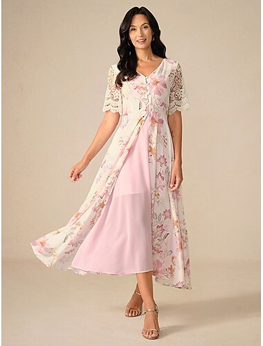  Damen Maxidress A Linie Kleid Elegant Stilvoll Urlaub Täglich Regular Fit Blumen Kurzarm V Ausschnitt Rosa Sommer