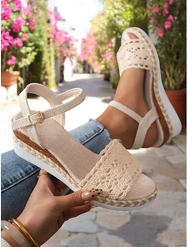  sandale de damă bej cu pană din croșetat – platformă de espadrile boeme cu curea la gleznă pentru vacanțele de vară, plimbări pe plajă și ieșiri casual