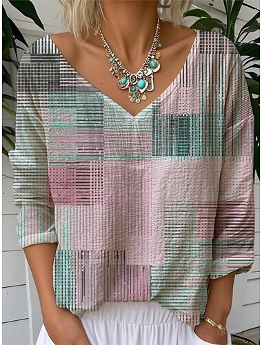  Mujer Blusa Floral Graphic Vintage Tropical Elegante Manga 3/4 Escote en Pico Tops regulares Rosa Azul Piscina Caqui Verano Primavera
