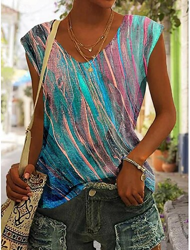  Damen T Shirt Grafik Batik Tropisch Stilvoll Lässig Ärmellos V Ausschnitt Normale Oberteile Täglich Ausgehen Wochenende Druck Gelb Blau Grün Sommer Frühling