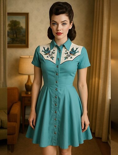  Retro Vintage 1950er Mini A-Linien-Kleid Hemdkleid Cowgirl Knopfleiste 3D-Druck Damen Maskerade Urlaub Lässig Teegesellschaft Erwachsene Kleid Sommer