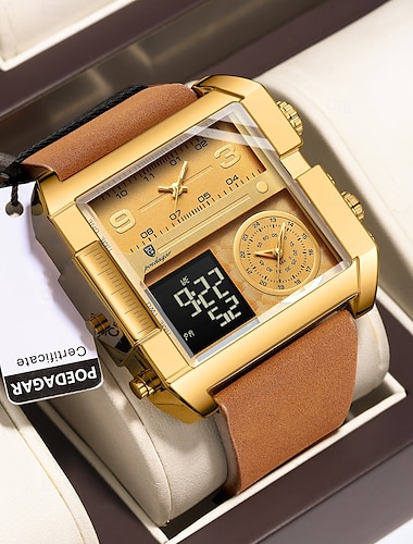  Hommes Montre numérique Montre à quartz Rétro Vintage Grand cadran Montre-bracelet Rétroéclairage LED Chronographe IMPERMÉABLE Vrai Cuir Suivre