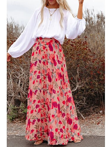  Dames Rok Modieus Maxi Medium taille Rokken Bloemig Afdrukken Micro-elastisch Vakantie Straat Roze Zomer Polyester