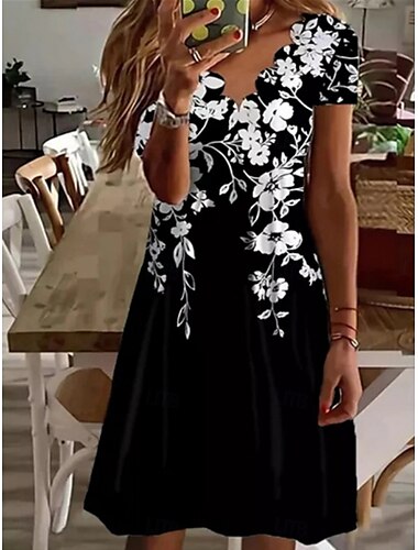  Damen Minikleid A Linie Kleid Sommerkleid Lässig Täglich Normale Passform Blumen Grafik Kurzarm V Ausschnitt Schwarz Weiß Rosa Blau Sommer