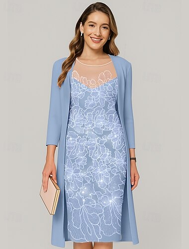  Zweiteilig Kleid-Sets Brautmutterkleid Elegant Illusionsausschnitt Knielang Chiffon Halbarm mit Paillette Stickerei 2025
