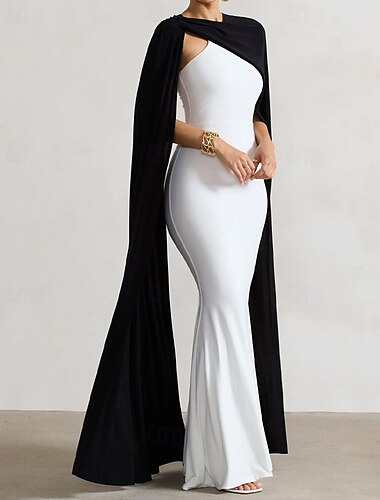 Vestido de capa en blanco y negro estilo sirena/trompeta, con capa desmontable, vestido de noche, elegante, semiformal, para boda, para invitada de boda, largo hasta el suelo, cuello redondo, crepé