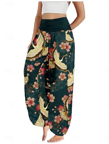  Damen Leinen-inspirierte Hosen Weites Bein Hosen Hose Ethno-Stil Lässig Boho Volle Länge Hohe Taille Blumen Tasche Elastischer Bund Drucken Atmungsaktivität Weich Mikroelastisch Outdoor Yoga Schwarz