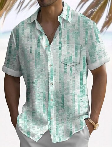  Herren Geometrisch Karo / Karomuster Hemd Sommerhemd Knopfhemd Kurzarm Modisch lässig Urlaub Ferien Streetwear Sommer Umlegekragen 3D-Druck Eine Tasche vorne Leinenähnliches Hemd Gelb Grün Grau